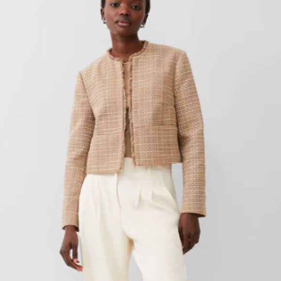 French Connection Effie Boucle Collarless Blazer Jacket in Cream and Camel - Picture 5 of 8